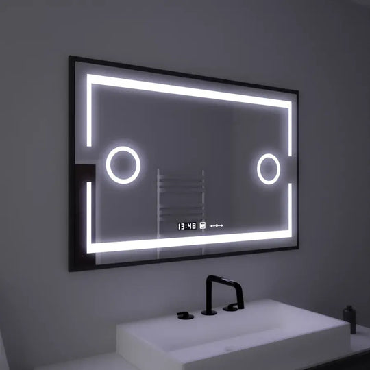 Ορθογώνιος καθρέφτης LED, 120x80 cm, Αισθητήρας Marcello MotionGlow, Σύστημα αποθολώματος, Ρολόι & Θερμόμετρο, Καλλυντικός Μεγεθυντικός φακός, Ρυθμιζόμενοι καθρέφτες Marcello Προεπιλεγμένος τίτλος Alessandro Design