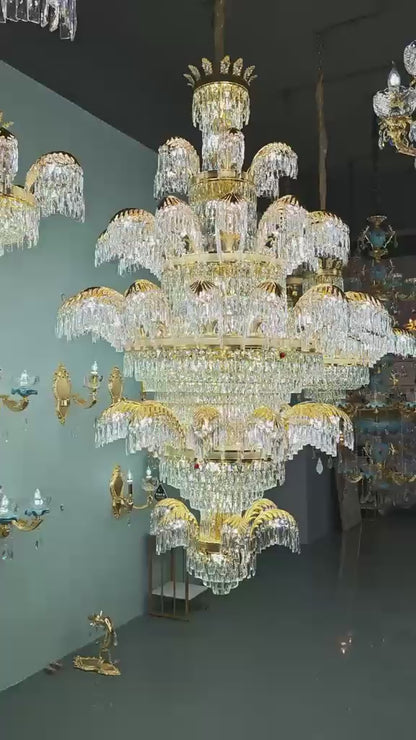 Crystal Chandelier PALACE Grande, 52 μπράτσα, 92xG9 + 44xE14, Διάμετρος 150cm, Ύψος 230cm, Γυαλιστερό Χρυσό, Ρυθμιζόμενο Ύψος, Κομψή σχεδίαση