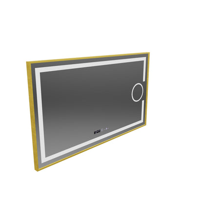 Ορθογώνιος καθρέφτης LED, 110x65cm, Eclat MotionGlow Marcello, Σύστημα Demister, Ρολόι & Θερμόμετρο, Καλλυντικό μεγεθυντικός φακός, Dimable, Βουρτσισμένο χρυσό πλαίσιο