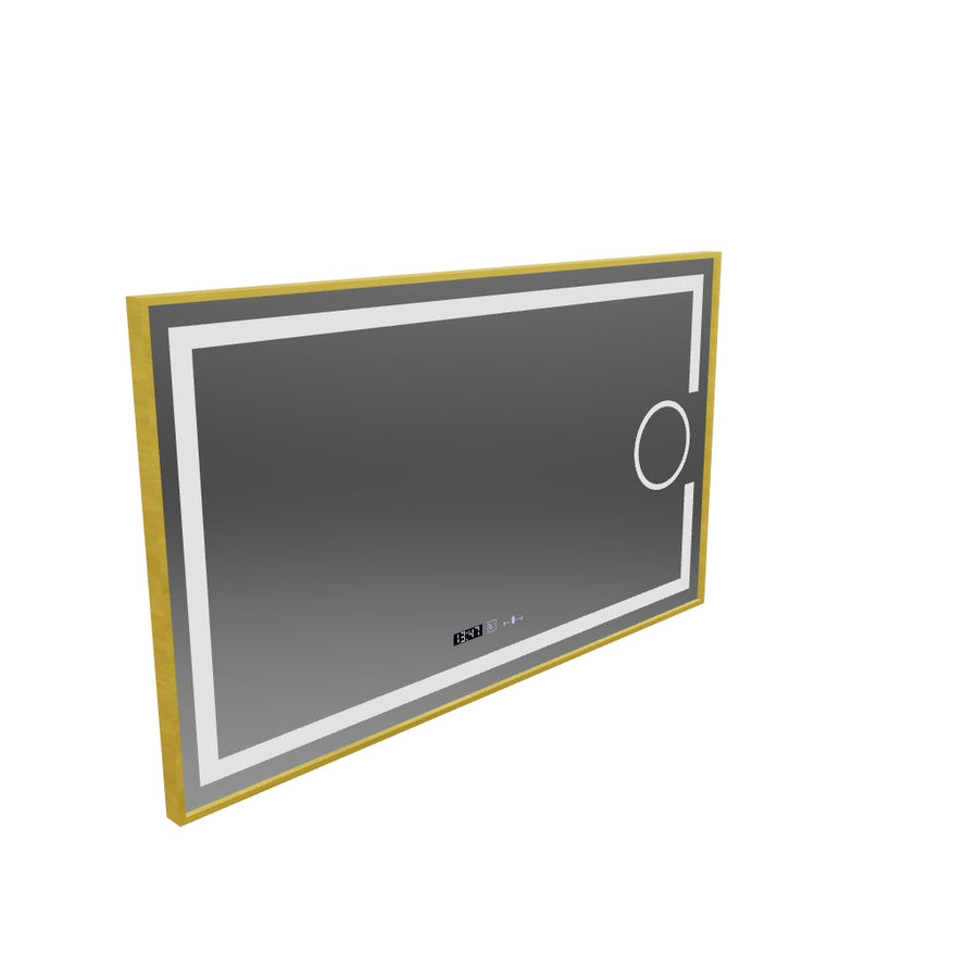 Ορθογώνιος καθρέφτης LED, 110x65cm, Eclat MotionGlow Marcello, Σύστημα Demister, Ρολόι & Θερμόμετρο, Καλλυντικό μεγεθυντικός φακός, Dimable, Βουρτσισμένο χρυσό πλαίσιο