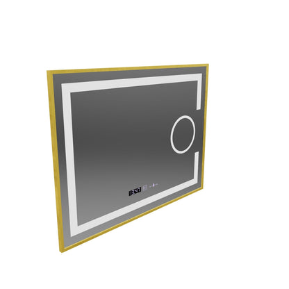 Ορθογώνιος καθρέφτης LED, 80x60cm, Eclat MotionGlow Marcello, Σύστημα Demister, Ρολόι & Θερμόμετρο, Καλλυντικό μεγεθυντικός φακός, Dimable, Βουρτσισμένο χρυσό πλαίσιο