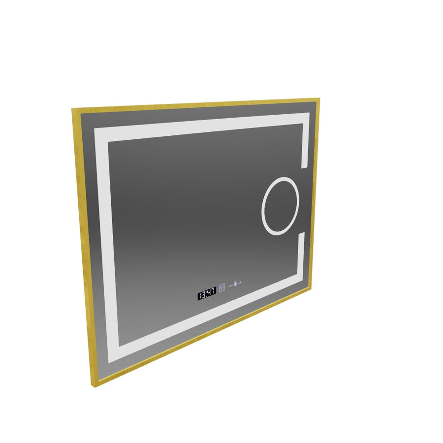 Ορθογώνιος καθρέφτης LED, 80x60cm, Eclat MotionGlow Marcello, Σύστημα Demister, Ρολόι & Θερμόμετρο, Καλλυντικό μεγεθυντικός φακός, Dimable, Βουρτσισμένο χρυσό πλαίσιο